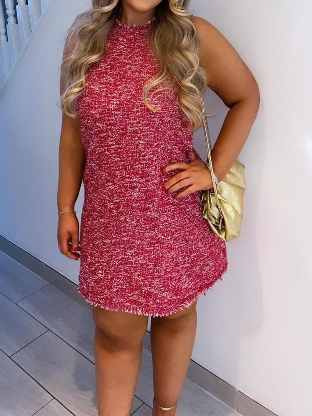 Mango Sleeveless Pink Tweed Mini Dress